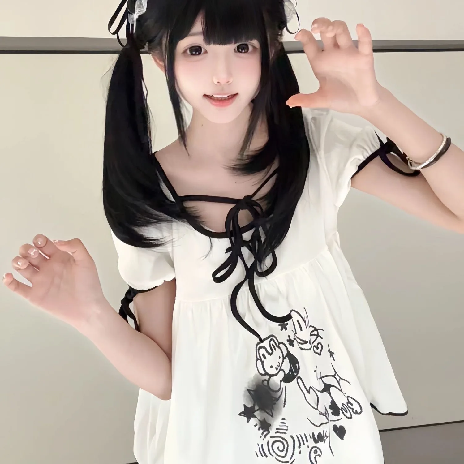

Kimotimo Cute Cartoon Print Bow Puff Sleeve T-shirts Women Japanese Y2k Aesthetic Loose Patchwork Tops Vintage Kawaii Chic Tees