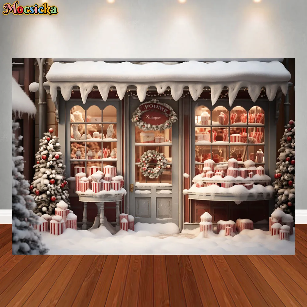 

Mocsicka Candy Store Backdrops Christmas Kids Portrait Props Child Baby Photocall Photostudio Xmas Snowy Street Background