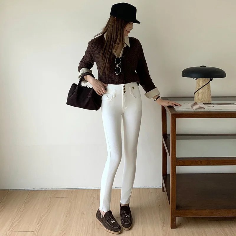 Women Off White High Waist Multi Button Skinny Jeans Stretch Slim Fit Ankle Length Cropped Denim Casual Trousers