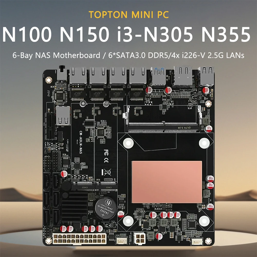 12th Gen Intel i3-N305 N355 N100 N150 NAS Motherboard 6-Bay 4xi226-V 2.5G 2*NVMe 6*SATA3.0 DDR5 PCIex1 Type-C Firewall Mainboard