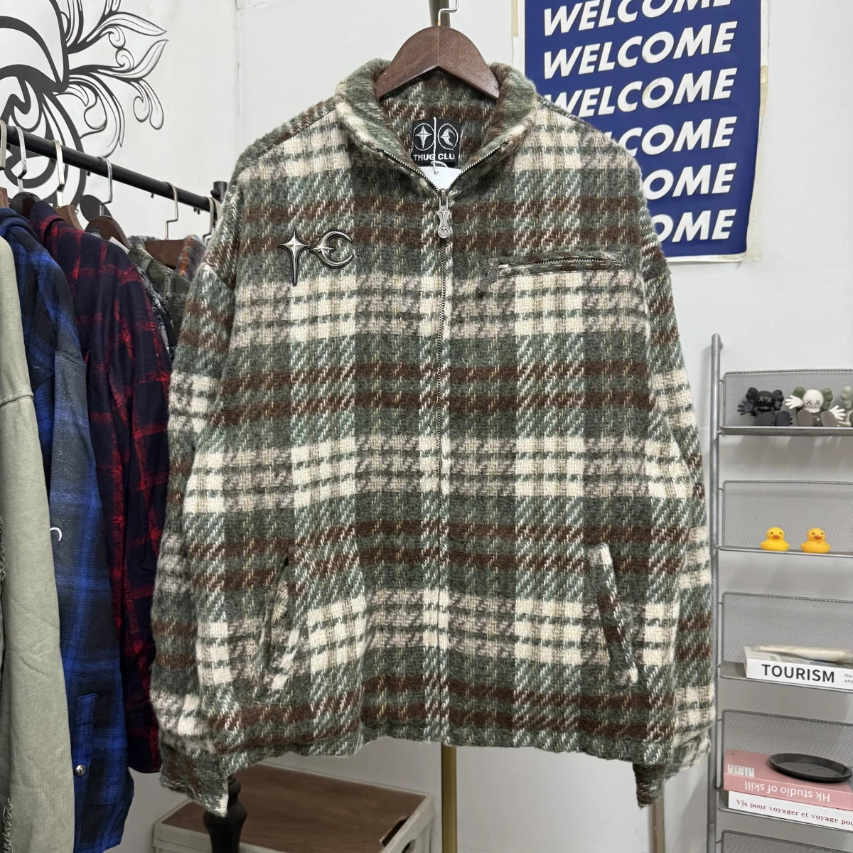 

American High Street Plaid Splicing Woolen Coat ex Loose Casual Versatile Open Cardigan Trendy Outerwear for Teens
