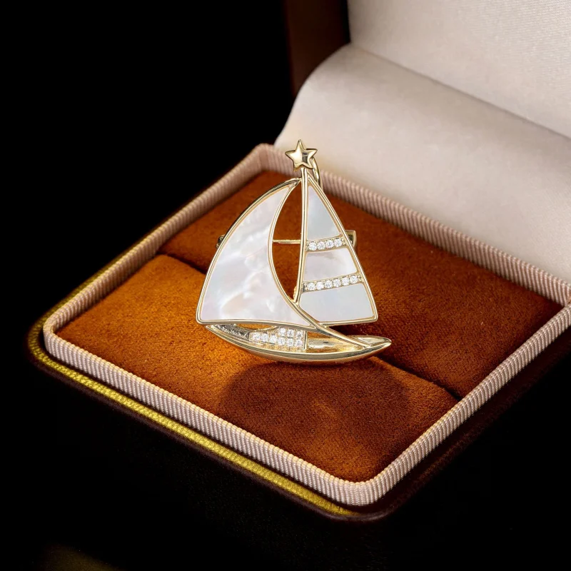 New Natural Shell Smooth Sailing Sailboat Brooch Pin Waist Cinching Cardigan Blazer Unisex Accessory