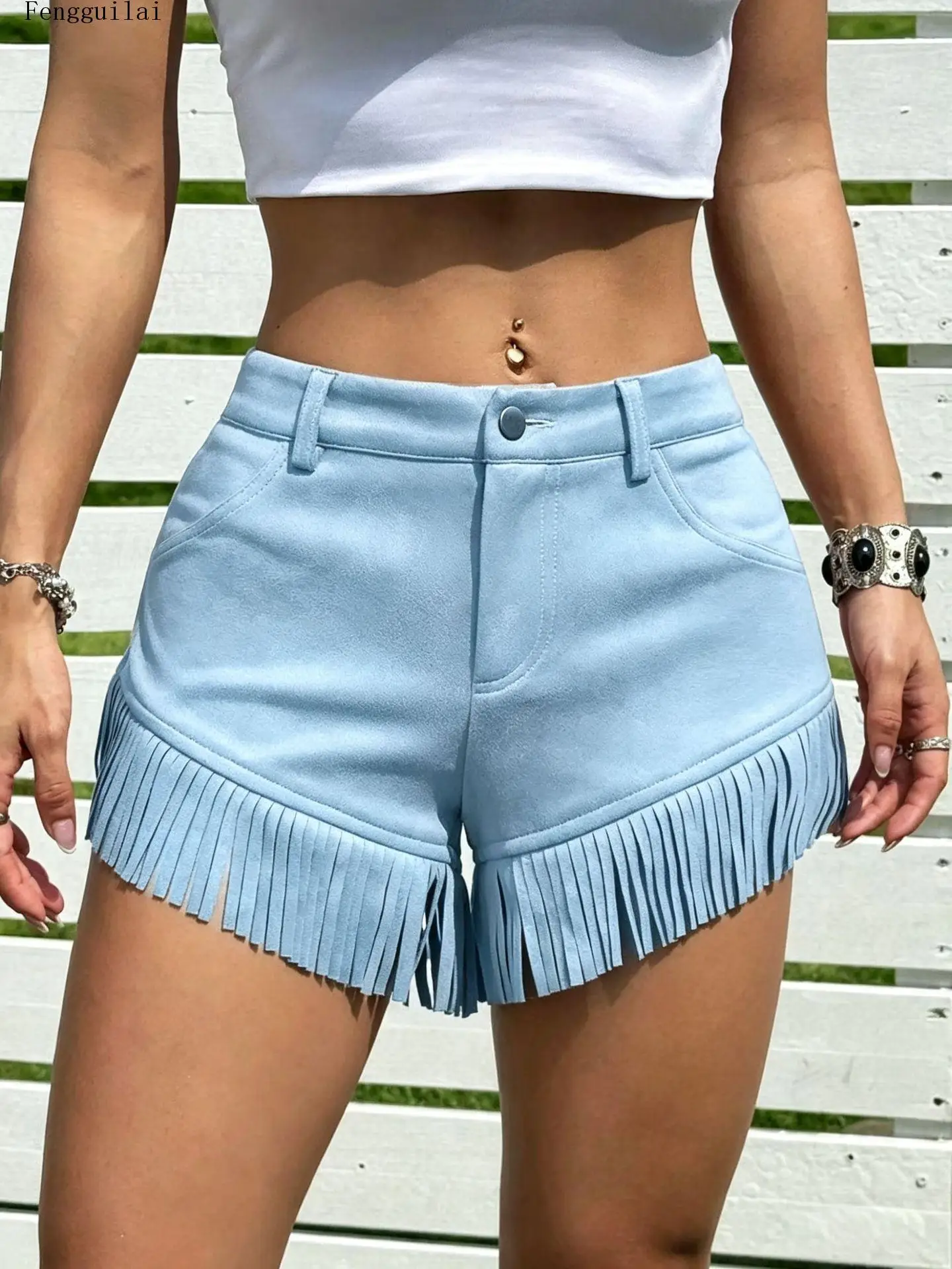 Ladies High Waist Faux Suede Shorts Fringe Tassel Hem Design Solid Color Western Cowgirl Style Party Summer Shorts