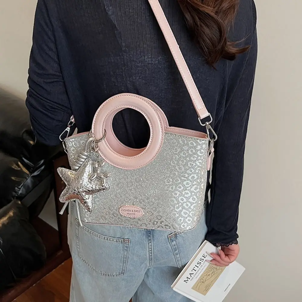

Trendy PU Sweet Star Silver Bag Shoulder Bag Crossbody Bag Small Basket Bag Tote Bag Korean Style Shining Banquet Handbag Girls