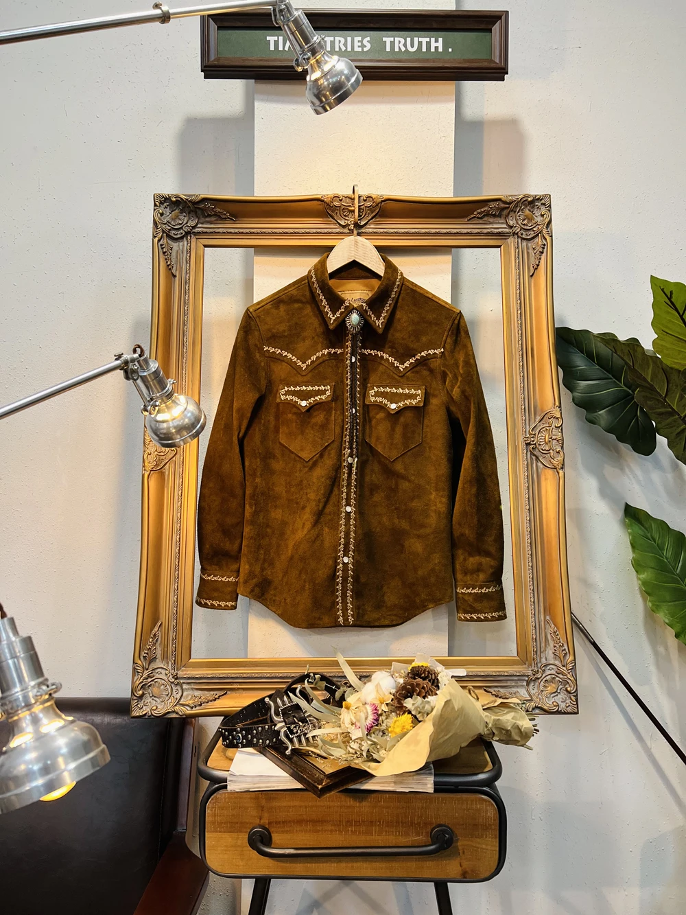 Tailor Brando Italy Tuscany Suede Cowhide American Vintage Leather Embroidered Navajo Western Leather Shirt