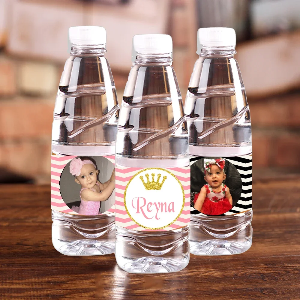Personald Gold Glitter Crown Photo Water Bottle Labels Juice Pouch Candy Bar Wrapper Sticker Baby Shower Birthday Party Supplies