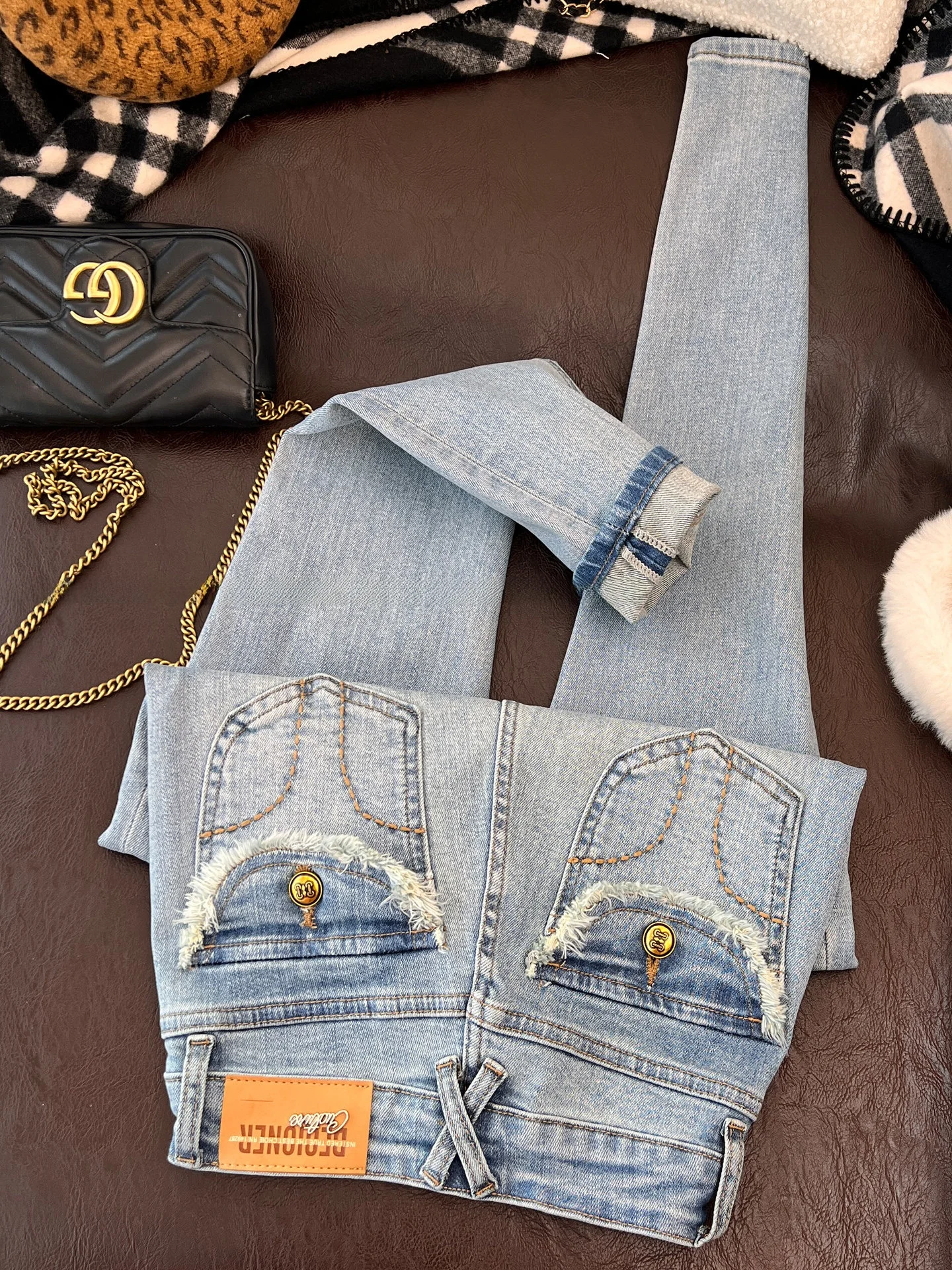 

High Waist Skinny Jeans Women's Spring Early Blue Denim Pants Cotton Stretchy High Frayed Pocket Design Nine Points Slim Fit