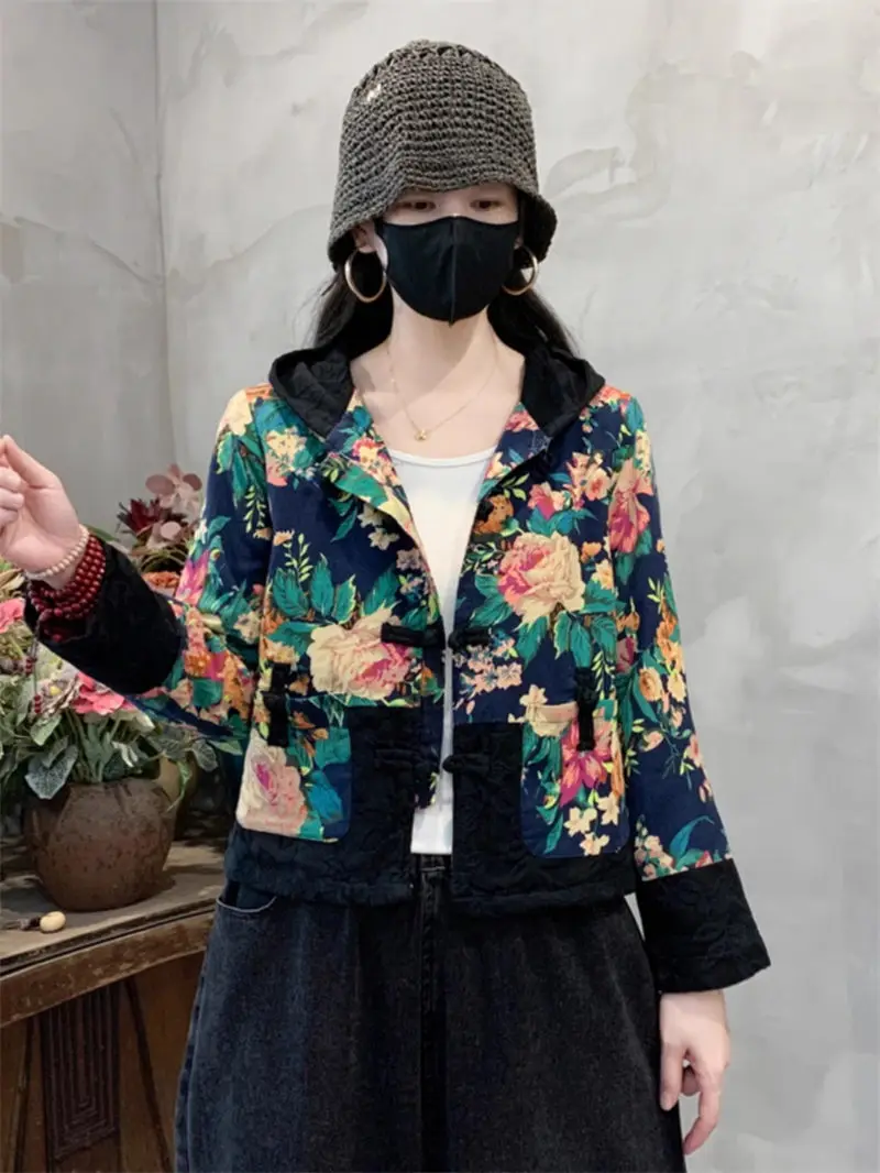 Autumn Ethnic Style Cotton And Linen Retro Button Hooded Jacket For Women Loose Versatile Cardigan Casual Top Printed Coat A025