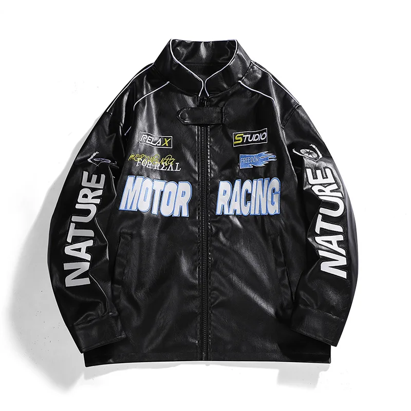 American-style motorcycle PU leather jacket for men, trendy letter-print racing suit jacket with loose stand-up collar, street r