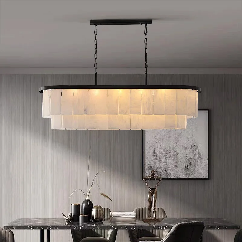 Modern 3-Tier Round Chandelier with Matte Black Frame and Natural Stone Shades for Dining Living Room Kitchen Island Decor