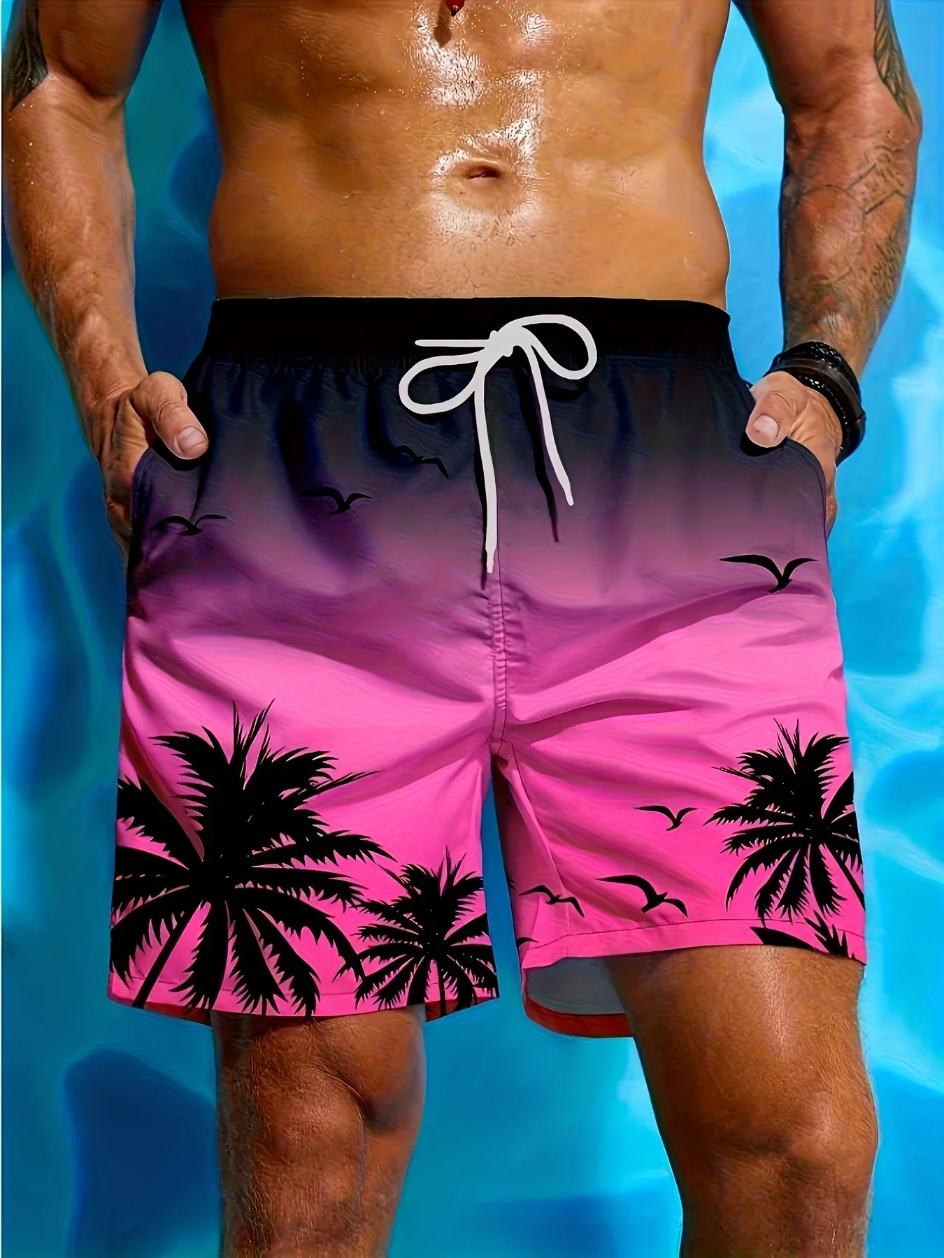 

Hawaiian Style Gradient Coconut Tree Silhouette Beach Pants Men's Loose Drawstring Sports Five Quarter Shorts Casual Shorts