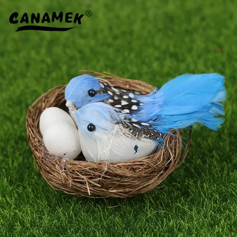 1 Set Artificial Feathered Birds & Nest & Egg Creative Craft Birds Sculpture Art Decoration Home Garden