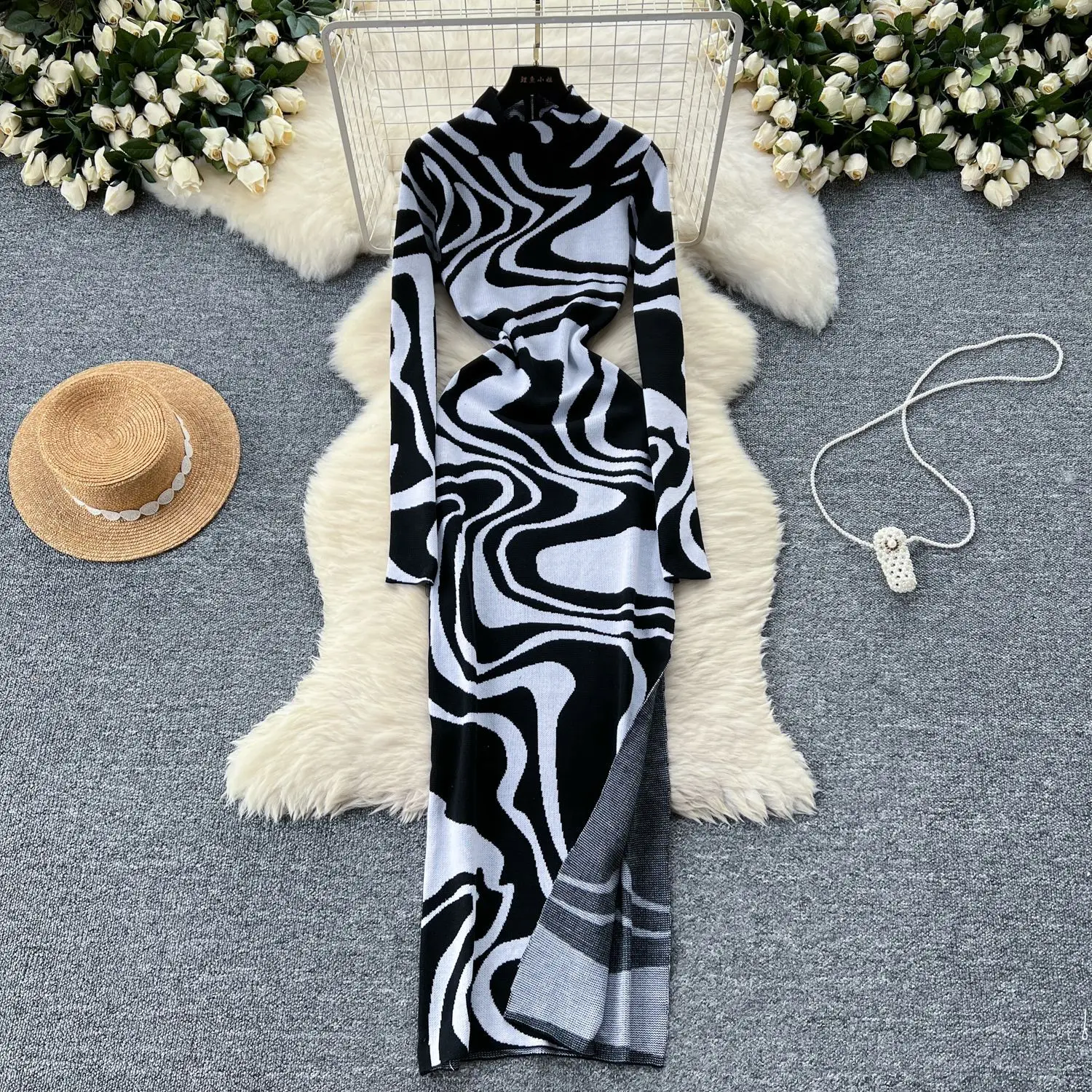 

Long Dress Women Bodycon Dresses Knitted Turtleneck High Waist Vestidos Print Streetwear Knit Slim Elegant Y2k Work Night Club