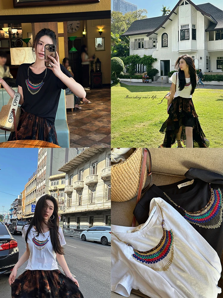 ZQ Black Printed Embroidered Short Sleeve round Neck T-Shirt Women's Summer New Small Design Sense Top Casual Style Cotton Blend