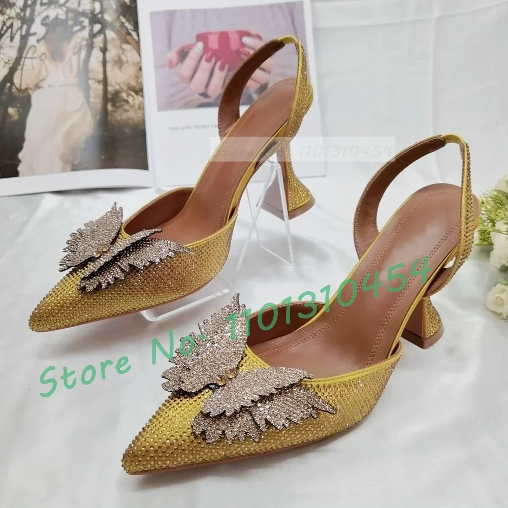 Crystal Butterfly Pointy Sandals Women Bling Wine Glass Heel Orange Satin Shoes Real Leather Luxury Back Strap Trending Sandal view 4