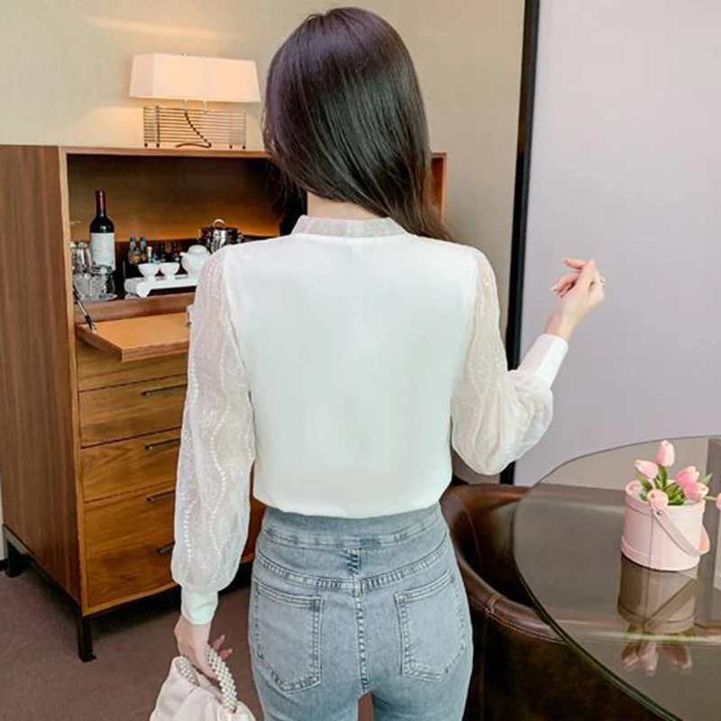 Chemises élégantes en dentelle rose pour femmes, manches longues, vêtements coréens Y2k, Slim, bureau, hauts pour dames, automne hiver, col en V, chemisiers décontractés