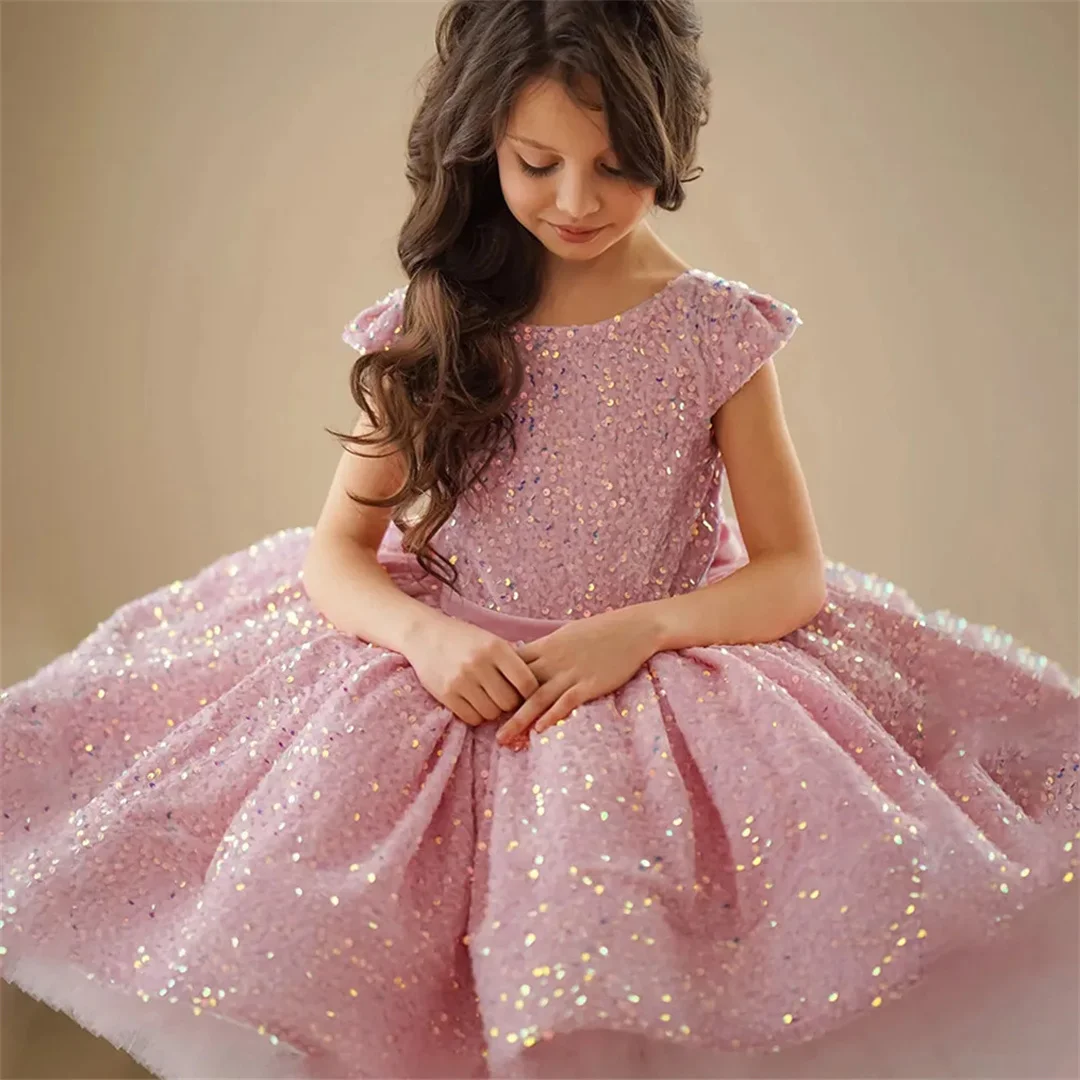 Flower Girl Dresses Pink Tulle Puffy Sequin With Bow Short Sleeve For Wedding Birthday Party Banquet Princess