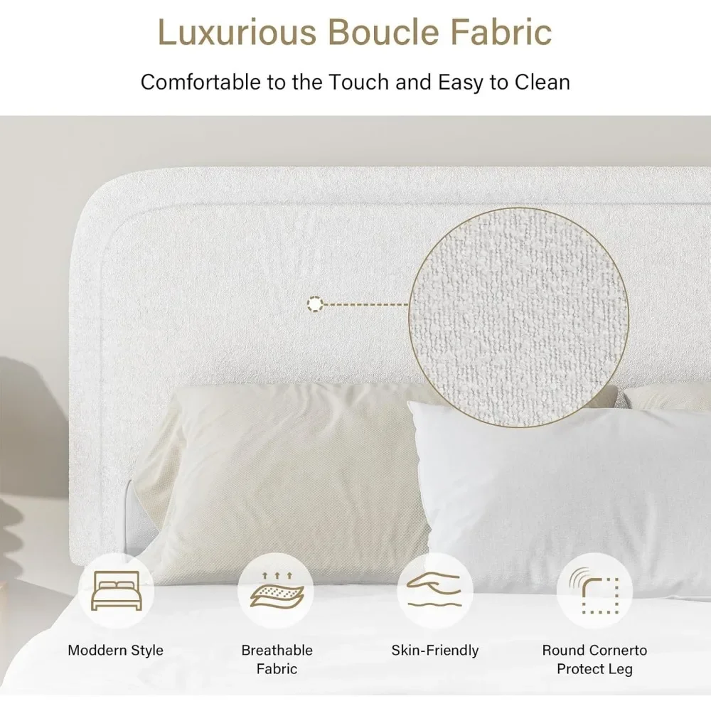 Twin Size Bed Frame, Boucle Upholstered Platform Bed Frame with Headboard, Modern Style, Soft Rounded Corners, No Box Spring