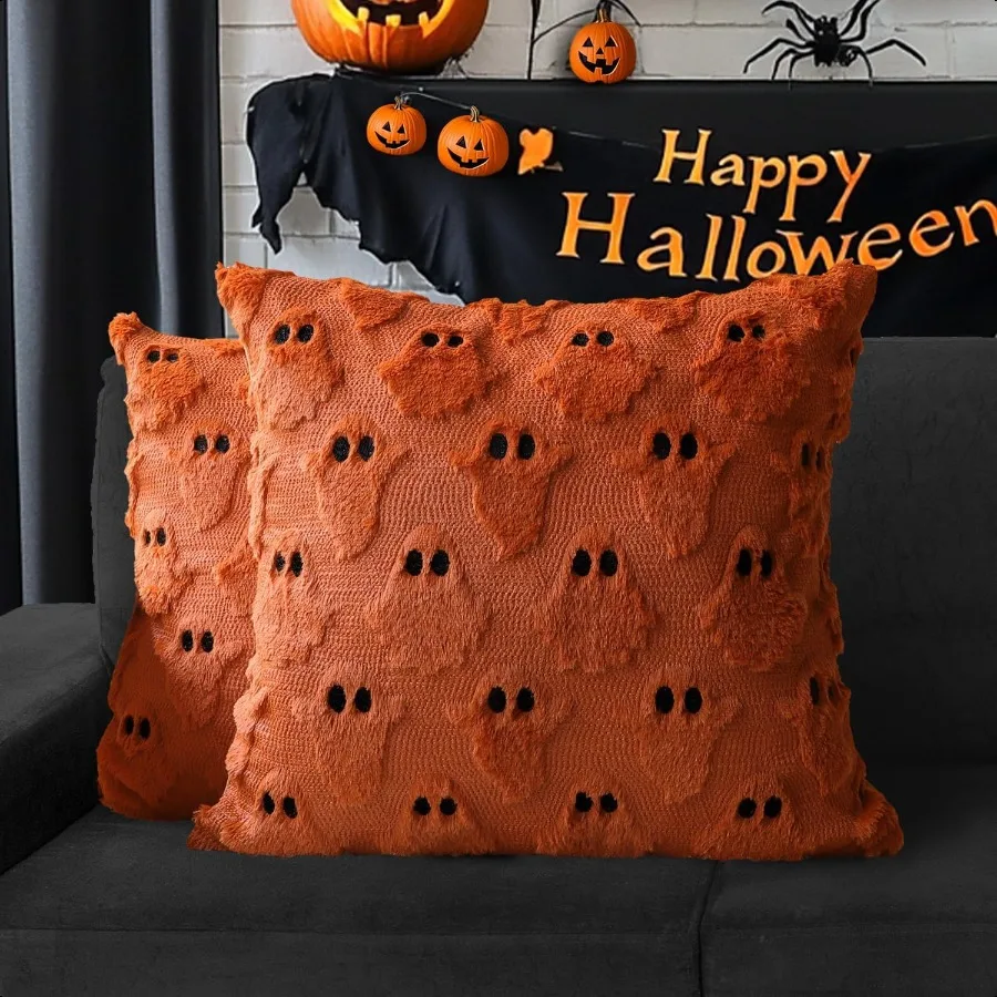 Housses d'oreiller décoratives fantôme d'halloween 18x18, lot de 2 taies de coussin en fausse fourrure douce rouge rouille pour l'automne