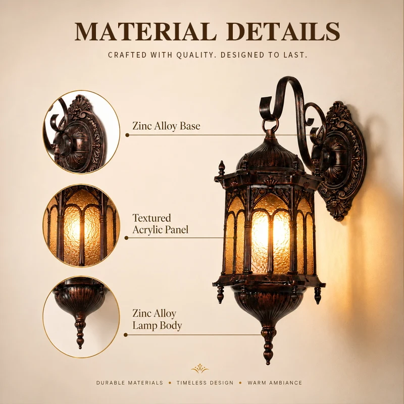 Vintage Wall Light Retro Lantern Sconce Amber Acrylic Shade Bronze Finish Indoor Hallway Bedroom Living Room Outdoor Porch Patio