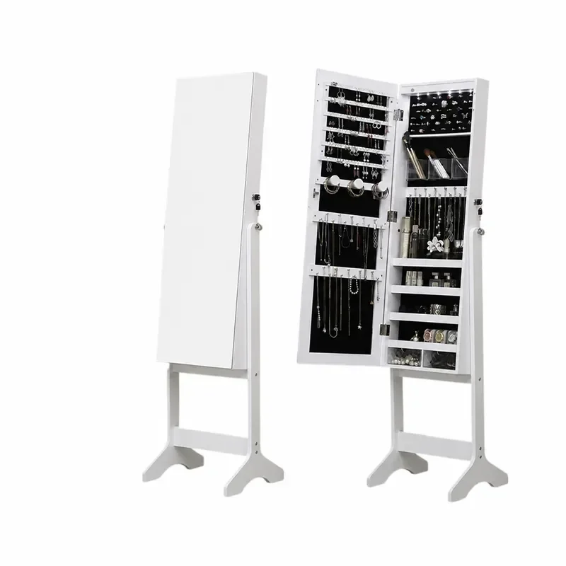 Floor Standing Jewelry Armoire with LED Light Full Length Mirror Makeup Dressing Table Storage Cabinet Organizer for Bedroom