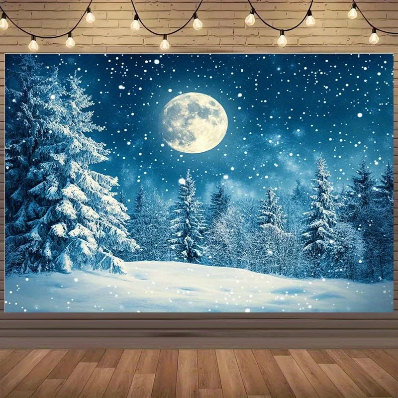 1 Winter Snowy Night Moon Forest Scenery Background - Suitable for Photography, Parties, and Celebrations