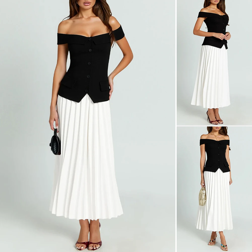 

Mia Muse Boutique K Fashion Fitting Slim Solid Color Sets Short Sleeve Off Shoulder Natural Waist Pleated Hem Party Sets