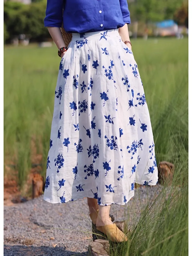 French Style Floral Printing Women's Skirt Summer Fashion High Waist Fresh Style Loose Casual Versatile A-line Dress for Female