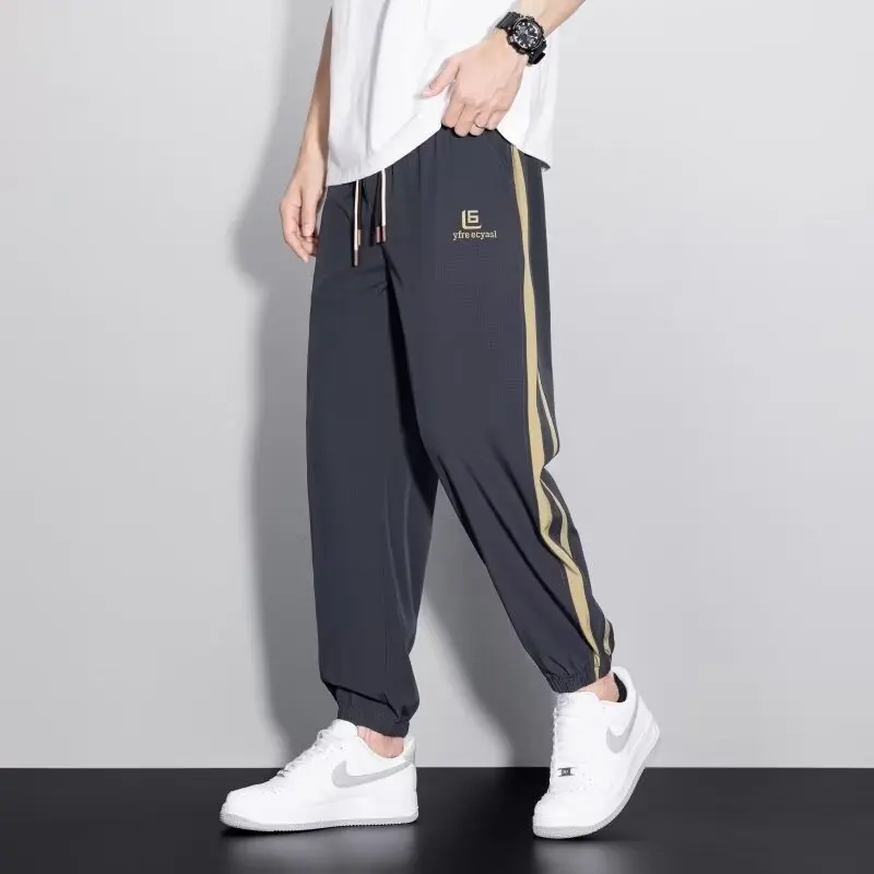 

2024 Summer New Thin Ice Silk Stretch Men's Pants Casual Elastic Waist Smooth Trouser Pants Male Clothing