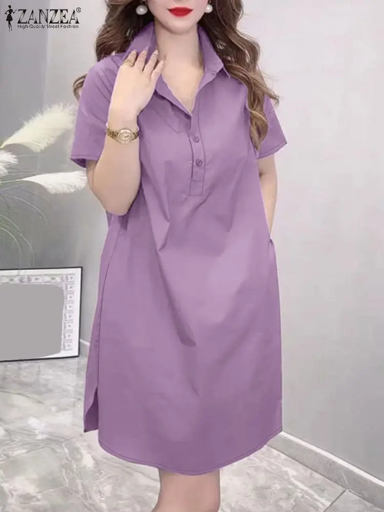 

ZANZEA Elegant Women Lapel Neck Short Sleeve Dress Summer Sundress Fashion Solid OL Work Vestidos Female Holiday Party Dresses