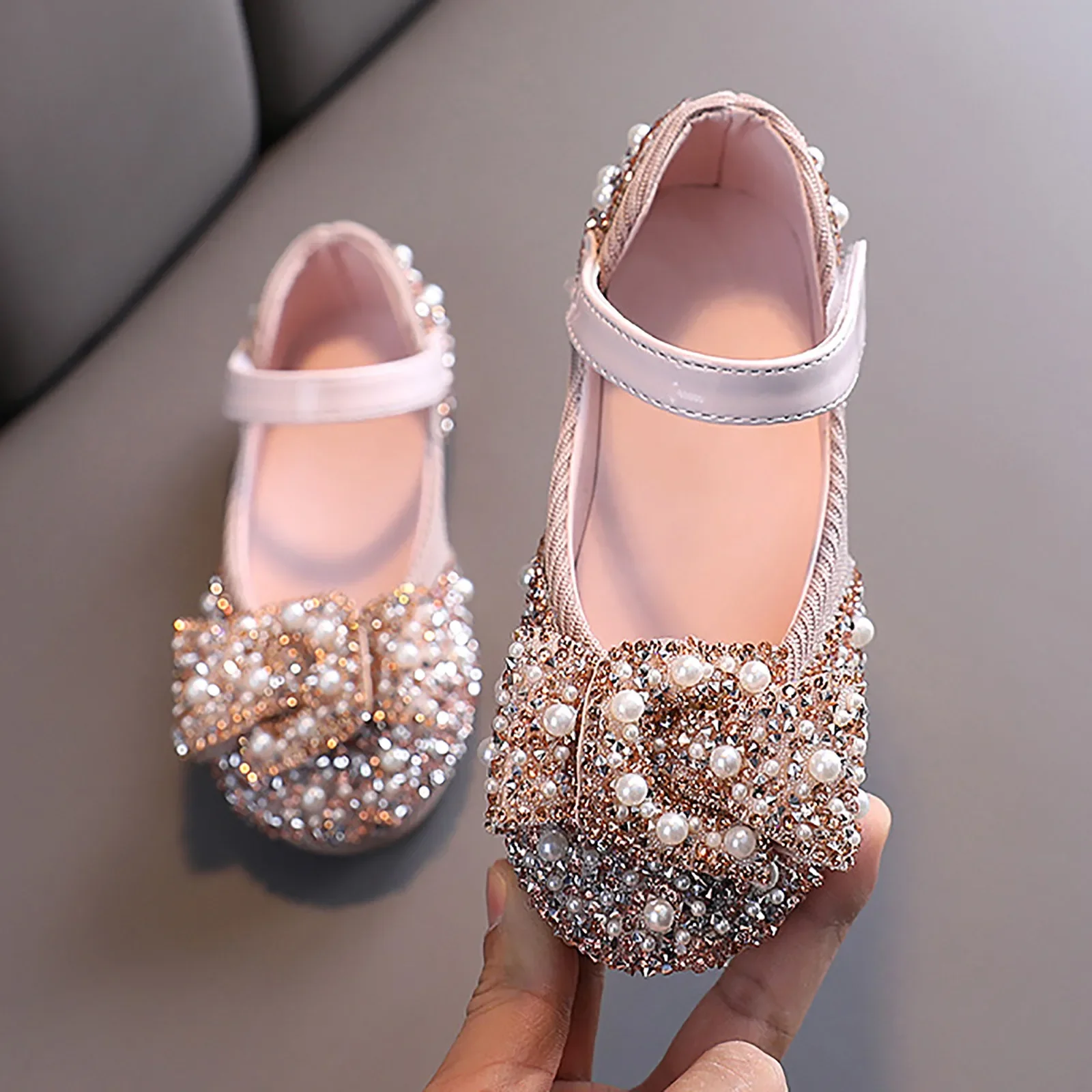 New Autumn Children's Sequined Leather Shoes Girls Princess Rhinestone Peal Bowknot Single Shoes Fashion Baby Kids Wedding Shoes