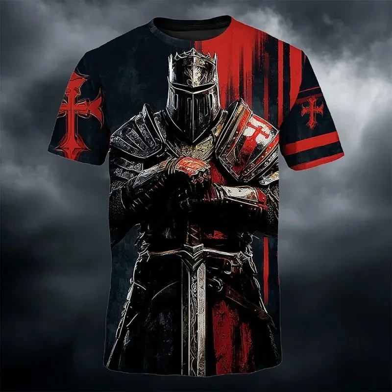 Image of Herren-T-Shirt mit einem 3D-Stereoskopischen Muster eines mittelalterlichen Ritters, im lässigen Stil und mit Street-Fashion-Design.
