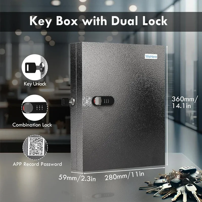 WeHere Wall Mounted Key Safe Box (32 Keys), Roller Mechanical Password Lock,with Lock Key Labels for House Keys Secure Storage