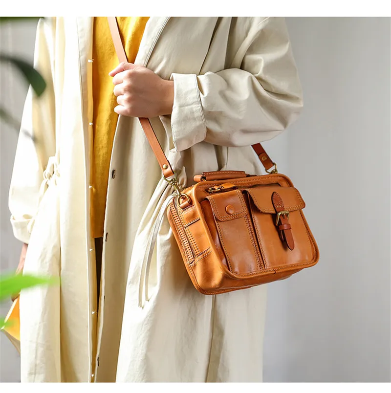 Modische Vintage-Handtasche aus natürlichem Echtleder für Damen, kleine Multi-Taschen-Organizer-Handtasche, Designer-Luxus-Schultertasche aus echtem Rindsleder – Detail 6