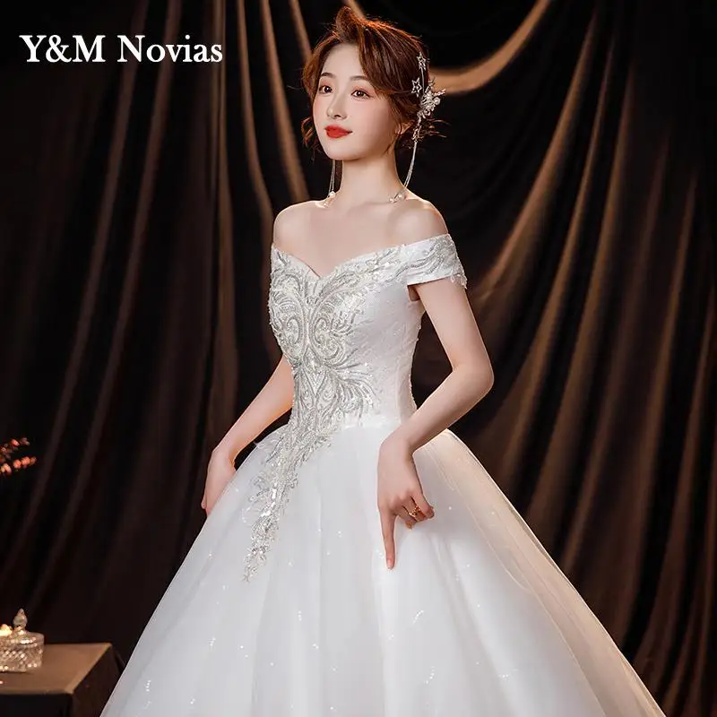 Vestido De novia con cuello Barco, traje De baile con hombros descubiertos, lentejuelas De lujo, talla grande, novedad De 2023