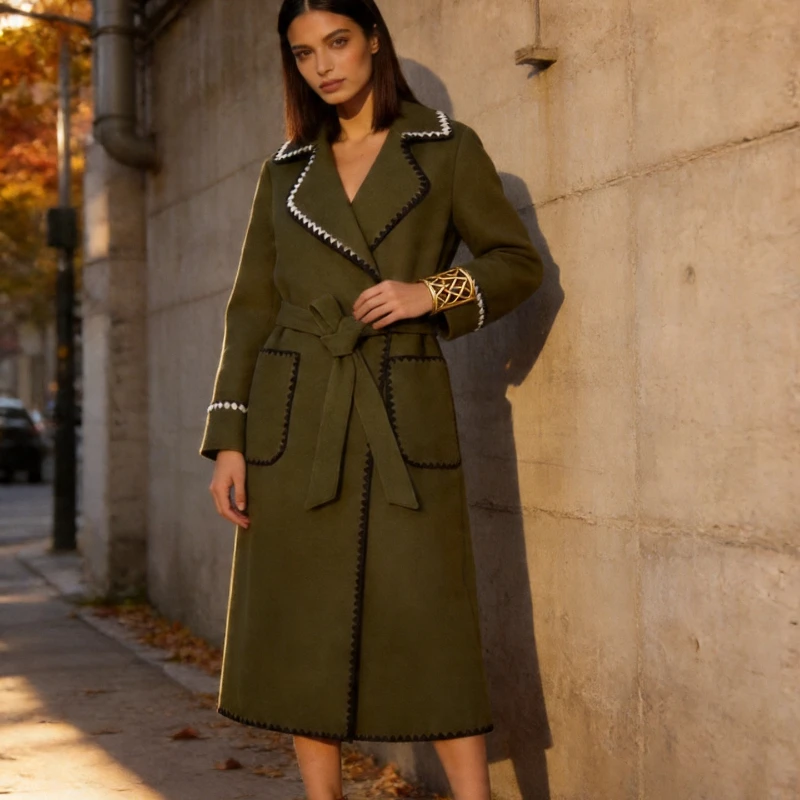 Woolen Coat Women Belted Lapel 2026 Autumn Winter Long Contrast Trim Solid Color Loose Warm Elegant Outerwear Overcoat