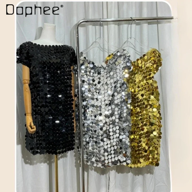 

Popular Gold Black Short Exquisite Temperament Party Short-sleeves Dress Summer New Women's Clothing Slash Neck Dresses