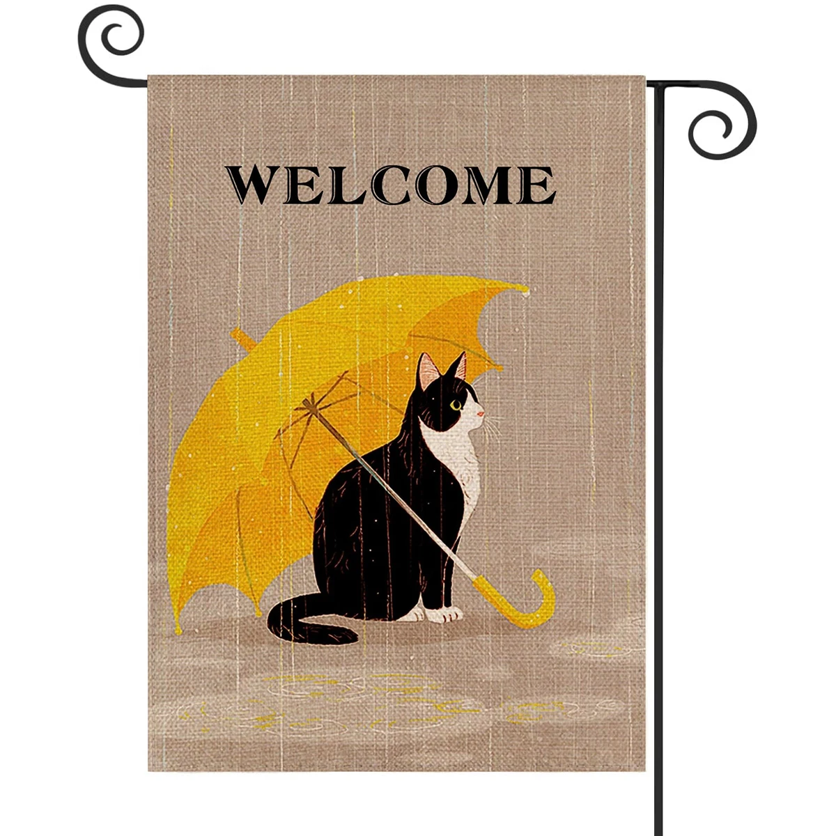 1PC  A cat in the rain Pattern Linen Cotton Garden Flag Banner Indoor Outdoor Home Garden Hanging Decor