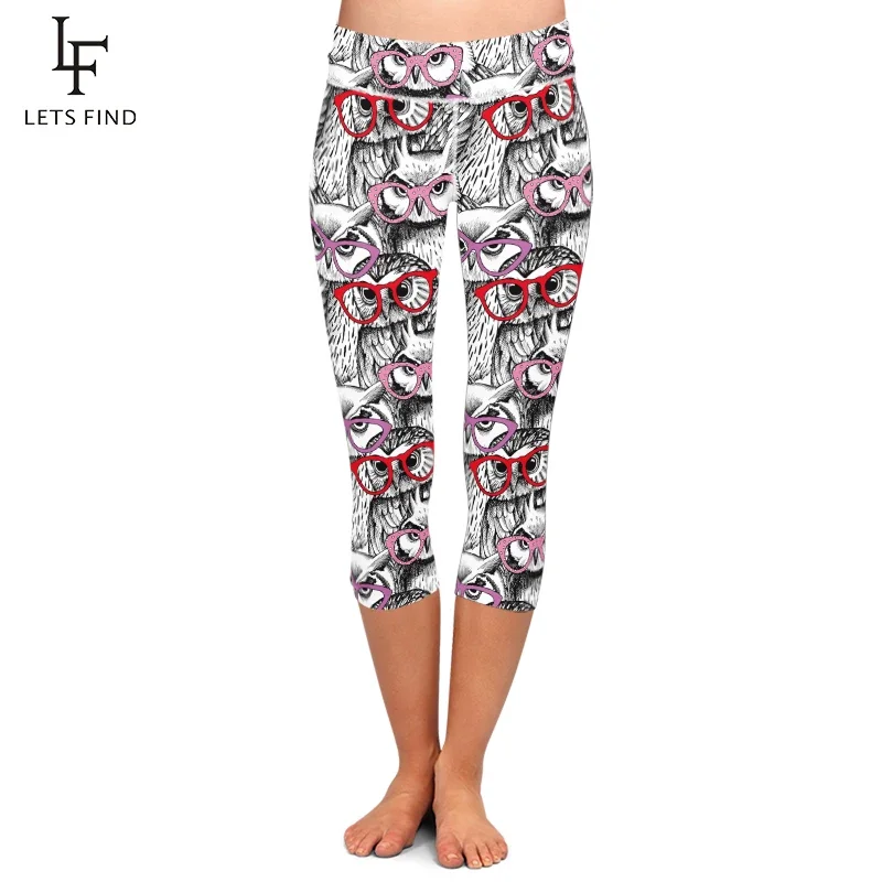 

LETSFIND Summer Women High Waist Elastic Fitness Women Pants Cartoon Owl Printed Stretch Capri Leggings