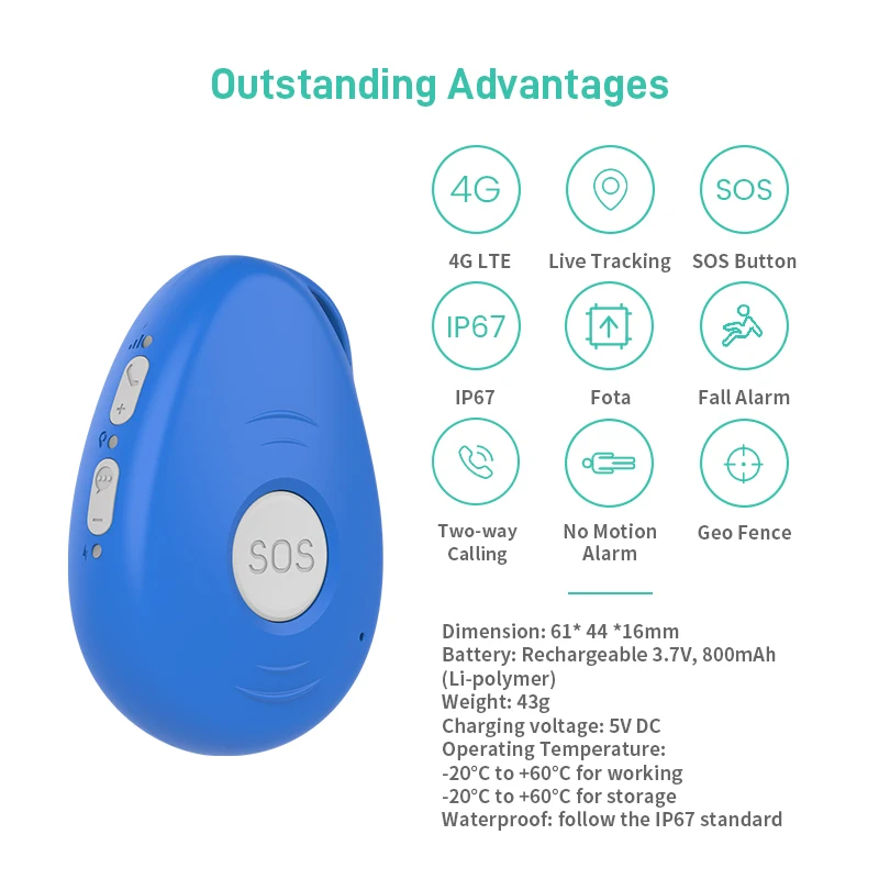 Two-Way Calling EV-07B SOS Panic Button Mini 4G GPS Tracker Telecare Emergency Response System With Belt Clip for the Seniors