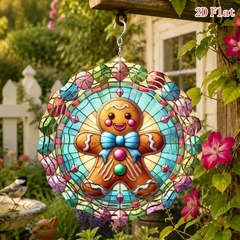3D Metal Rotating Wind Chime with a Christmas Gingerbread Pattern, Suitable for Outdoor Gardens and Patios Decoration