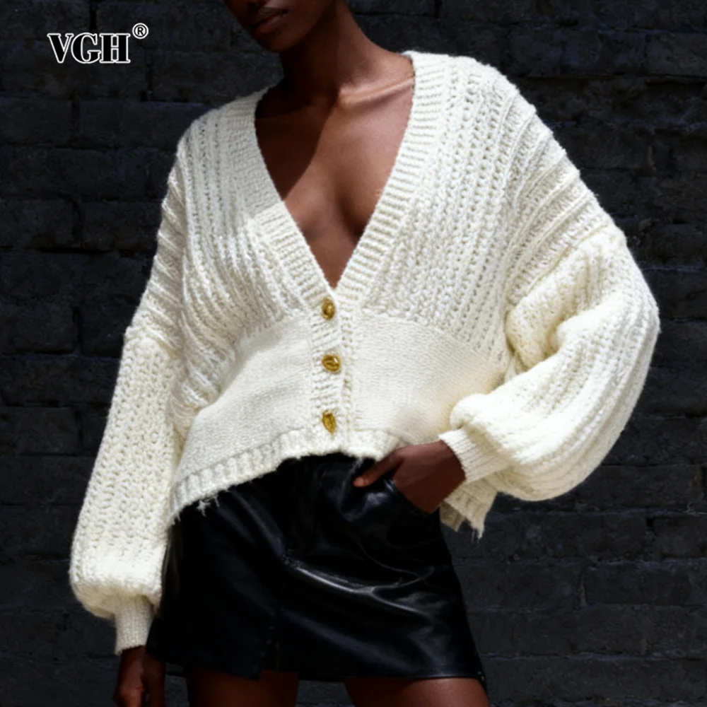 

VGH однотонные свободные повседневные вязаные свитера пальто для женщин с v-образным вырезом и длинными рукавами на пуговицах осенний темпераментный свитер женский новый