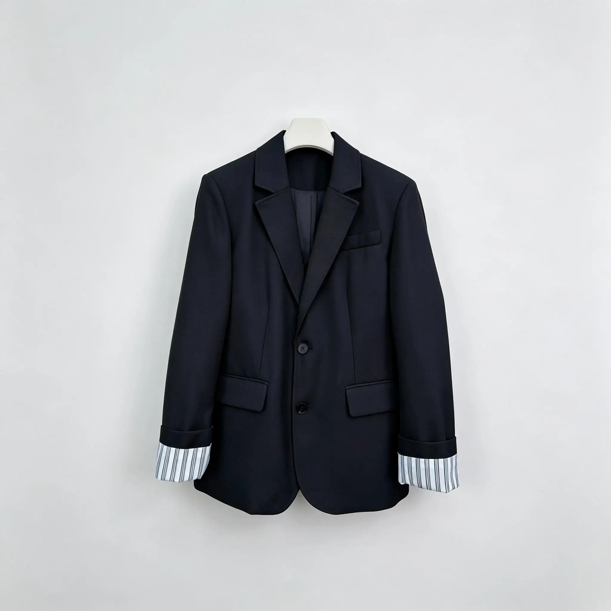 Women Elegant Black Blazer Roll Up Striped Cuff Suit Coat