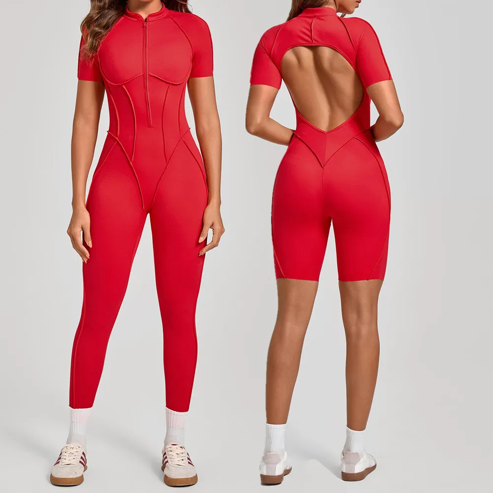 Pad Zipper Hollow out Yoga Set Short Sleeve Fitness Women One Piece Jumpsuit Legging Sleek Catsuit Gym Pant Active Wear XP83