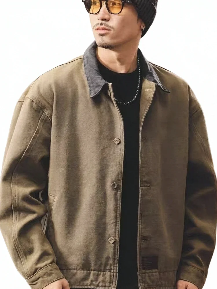 Men's Workwear Cargo Jacket Chic Fall Heavyweight Washed Canvas Contrast Denim Collar Loose Japanese Vintage Casual Coat