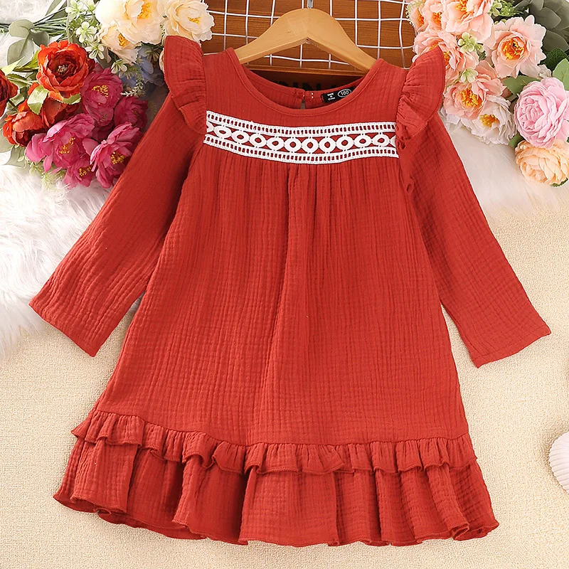 2023 Autumn New Dress Kids Girls 3-6 Years Girls\' Red Round-Neck Ruffled Long-Sleeved Dress Korean Style Children Princess Dress