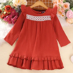 2023 Autumn New Dress Kids Girls 3-6 Years Girls' Red Round-Neck Ruffled Long-Sleeved Dress Korean Style Children Princess Dress