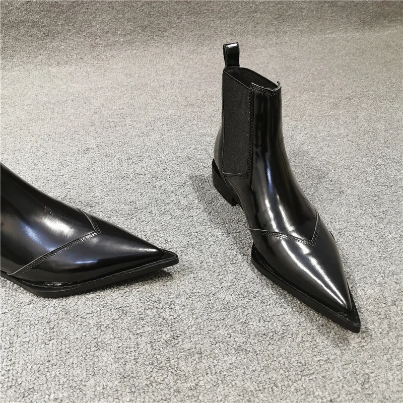 2024 Fashionable patent leather pointed Chelsea boots flat bottomed short boots English style bare boots, boots for women