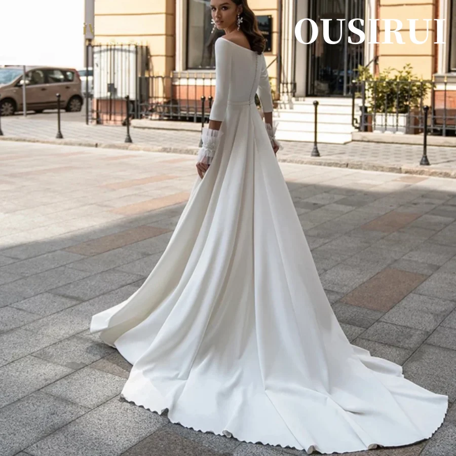 

2024 A-Line Long Sleeve Floor Length Bows Simple Satin Boat Neck Wedding Dress Sash Bridal Gown Elegant Cвадебное платье