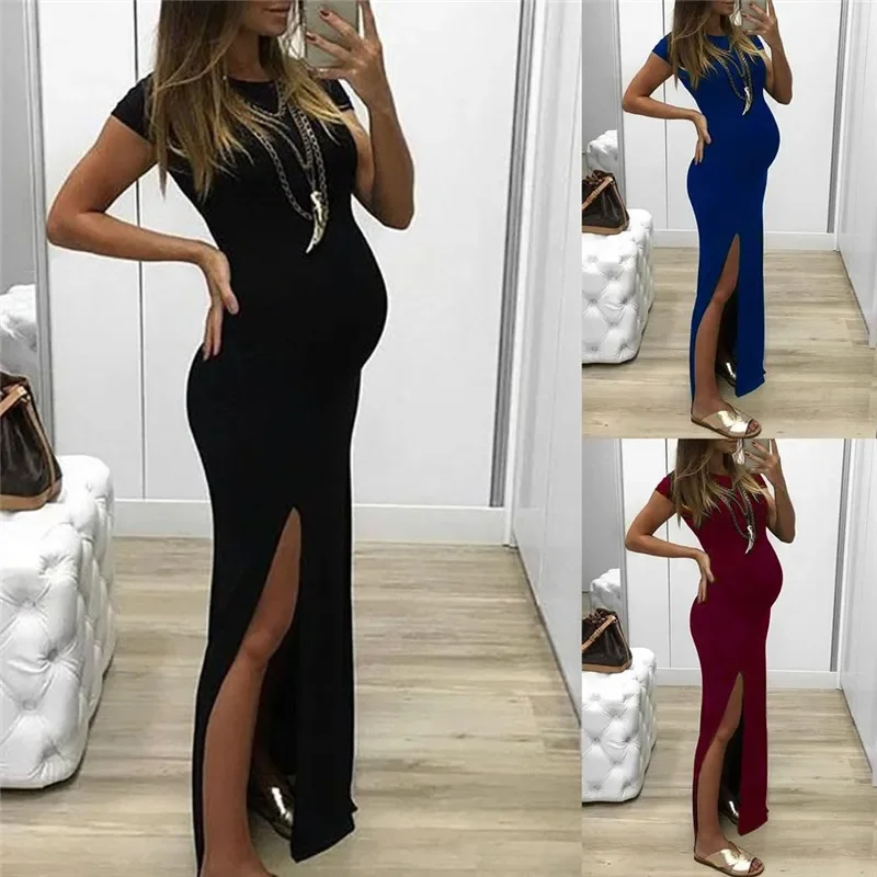 

Solid Tight-fitting Long Maternity Dress Short Sleeve Open Fork O-Neck Pregnant Pregnancy Women Clothing Mother Home Clothes